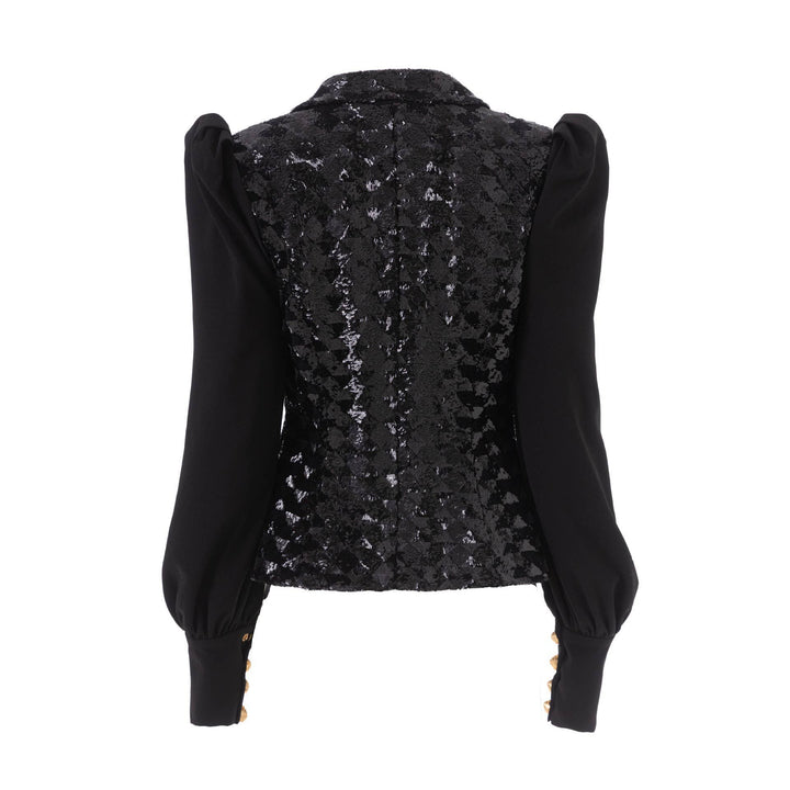 Black Sequin Patchwork Puff Sleeve Retro Jacket