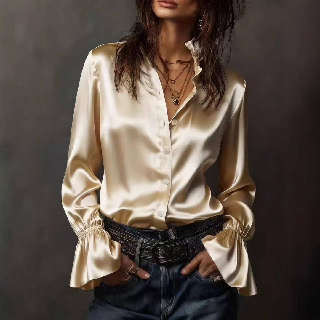 TD Wholesale Apparel - Women's Champagne Satin Long-Sleeve Blouse