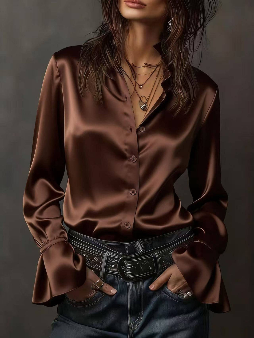 TD Wholesale Apparel - Women's Champagne Satin Long-Sleeve Blouse