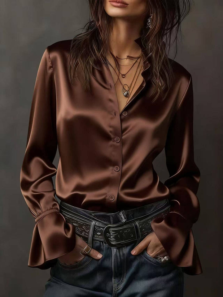 TD Wholesale Apparel - Women's Champagne Satin Long-Sleeve Blouse