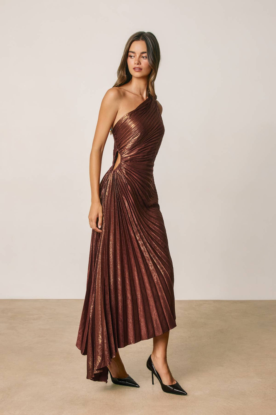 Metallic One Shoulder Asymmetrical Pleated Dress