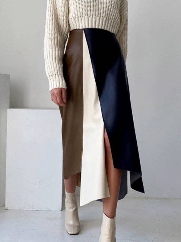 OceanusSwim - A-Line High Waisted Asymmetric Contrast Color Split-Front Skirts Bottoms