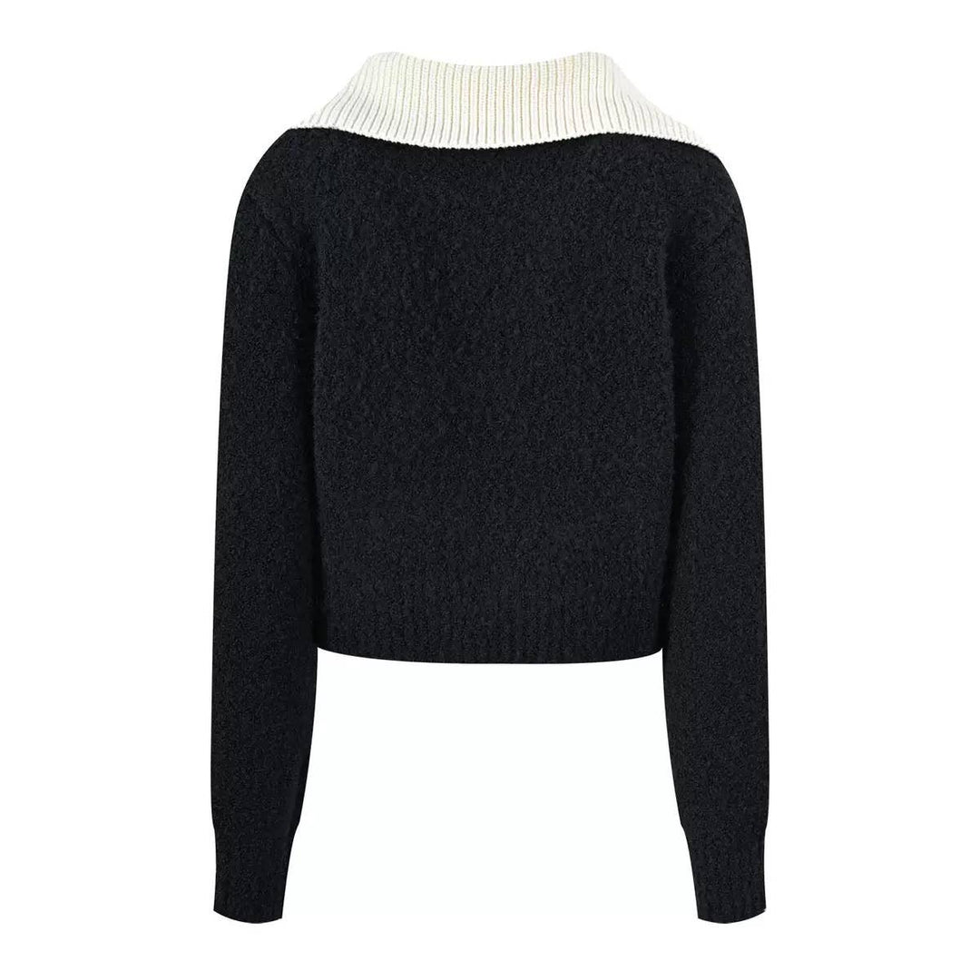V-Neck Knit Top with Contrast Collar