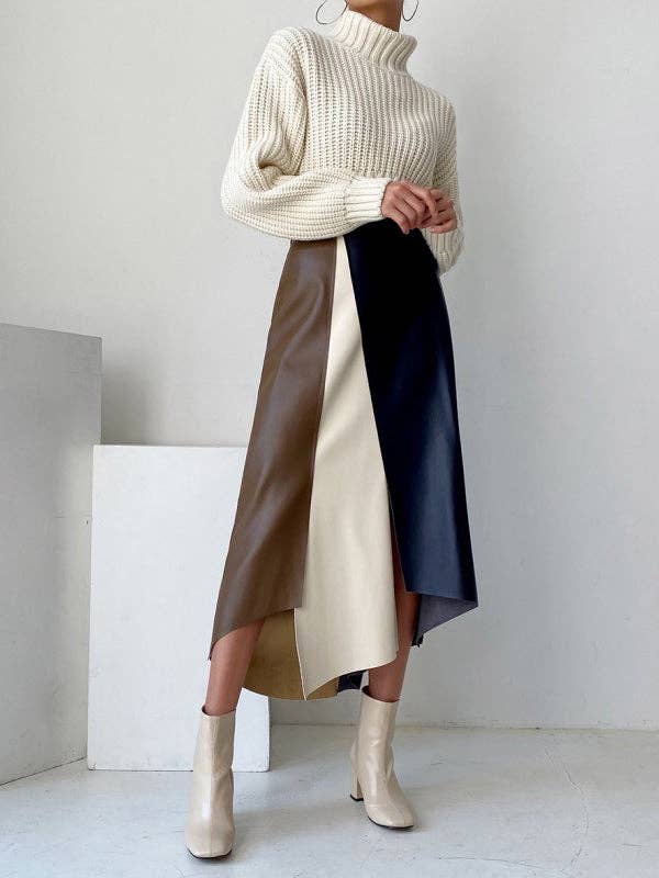 OceanusSwim - A-Line High Waisted Asymmetric Contrast Color Split-Front Skirts Bottoms