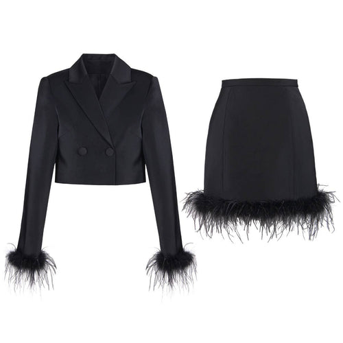 Elegant Feather-Trimmed Short Jacket & Skirt Set