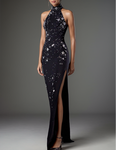 Beaded Diamond Halter Gown with Side Slit