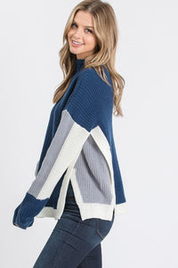 KNIT COLOR BLOCK SWEATER WITH SIDE PANELS