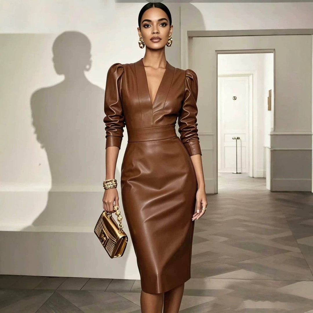 TD Wholesale Apparel - Women's Faux-Leather V-Neck Long-Sleeve Belted Bodycon Midi Dress