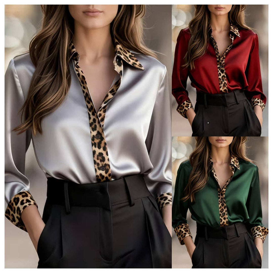 TD Wholesale Apparel - Women's Satin Leopard-Print Long-Sleeve Tailored Blouse