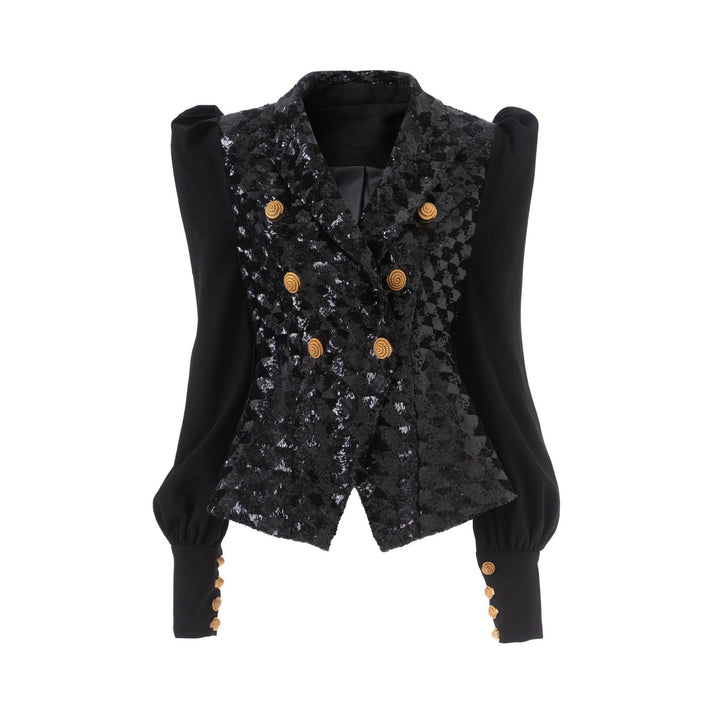 Black Sequin Patchwork Puff Sleeve Retro Jacket