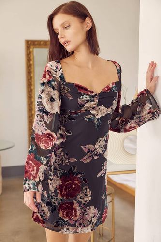 Velvet Burnout Dress w/ Bell Sleeve