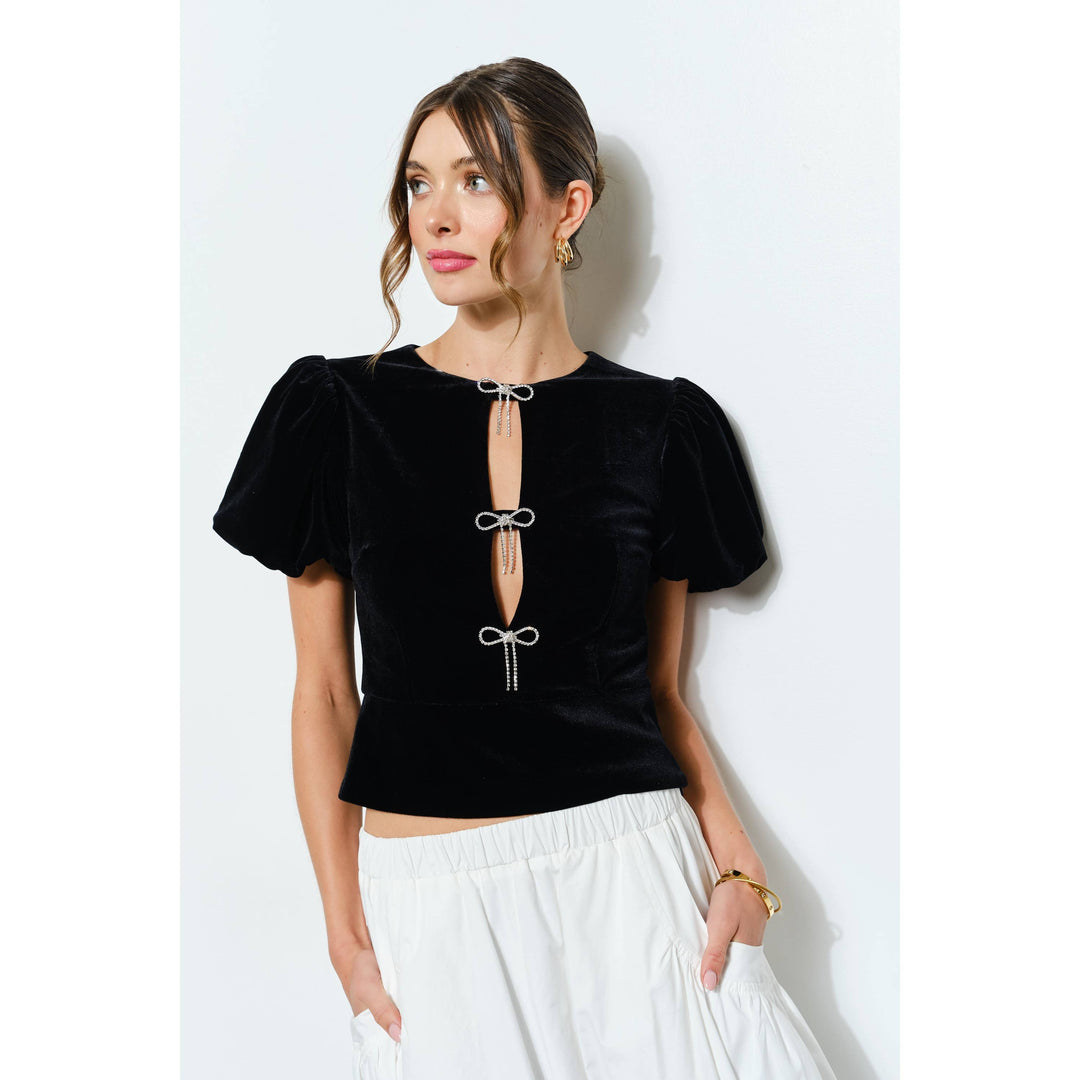 Rhinestone Bow Cutout Velvet Puff Sleeve Top