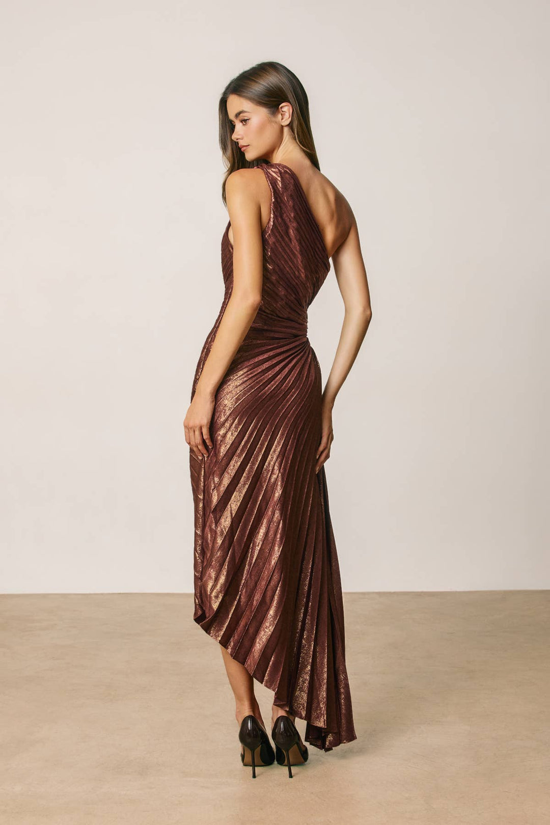 Metallic One Shoulder Asymmetrical Pleated Dress
