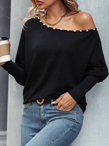 VividLux - Long Sleeves Loose Asymmetric Beaded One-Shoulder T-Shirts Tops