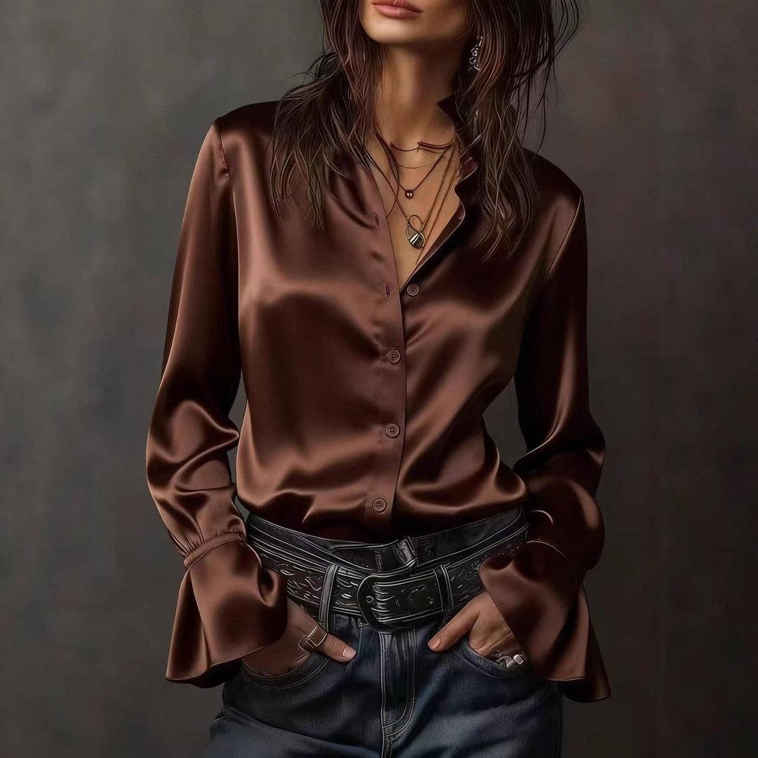 TD Wholesale Apparel - Women's Champagne Satin Long-Sleeve Blouse
