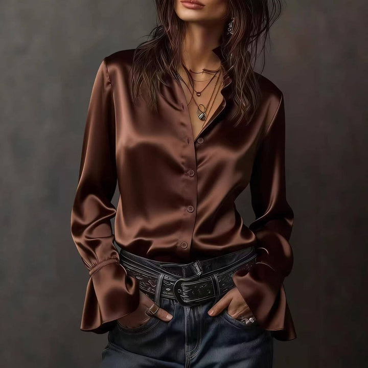 TD Wholesale Apparel - Women's Champagne Satin Long-Sleeve Blouse