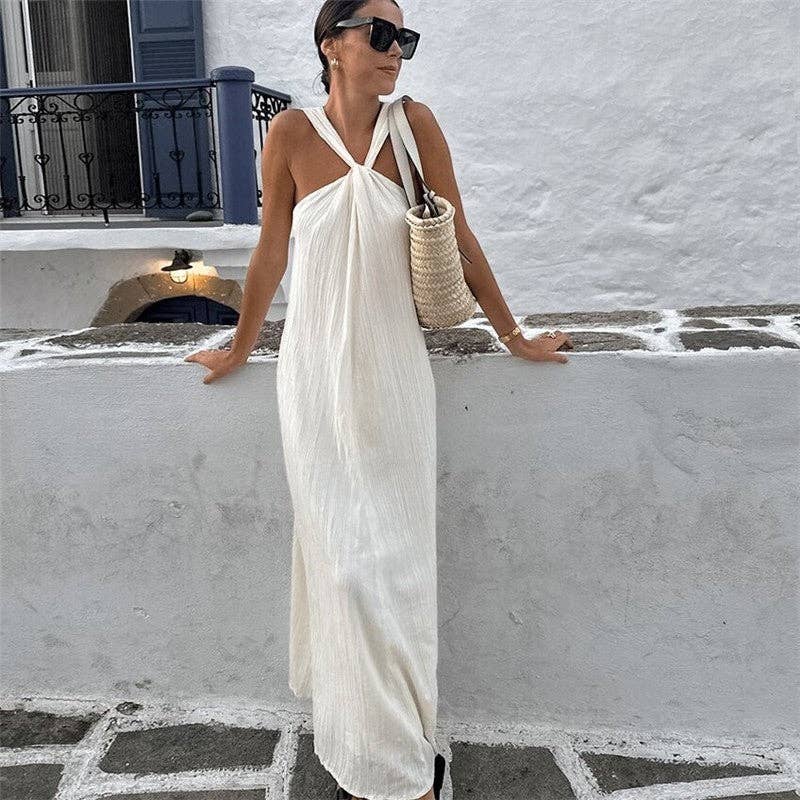 Elegant Casual White Dress Ruched Halter Neck Maxi Dress Elegant Casual White Dress Ruched Halter Neck Maxi Dress