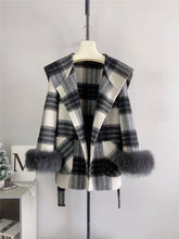 Load image into Gallery viewer, Plaid Cashmere Coat with Faux Fur and Removable Hood