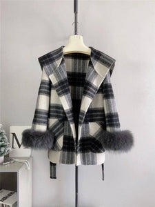 Plaid Cashmere Coat with Faux Fur and Removable Hood