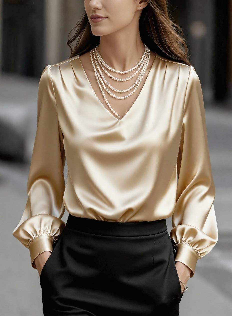 TD Wholesale Apparel - Women's Satin V-Neck Long-Sleeve Puff-Sleeve Blouse