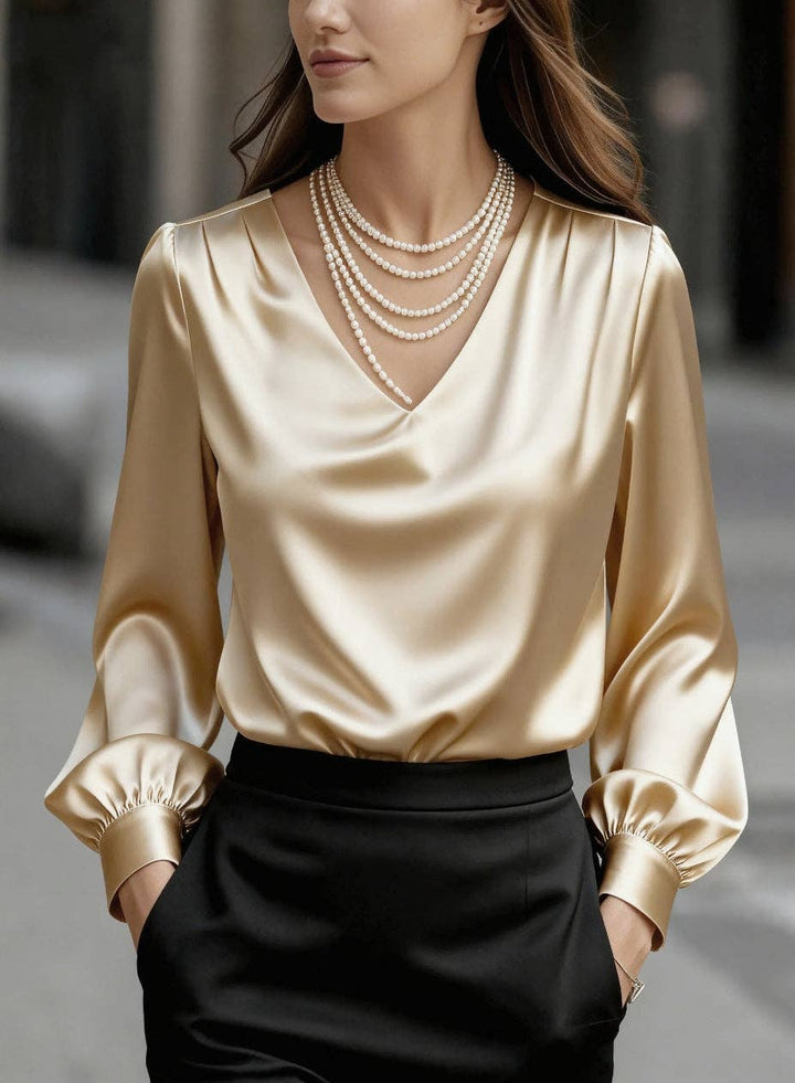TD Wholesale Apparel - Women's Satin V-Neck Long-Sleeve Puff-Sleeve Blouse