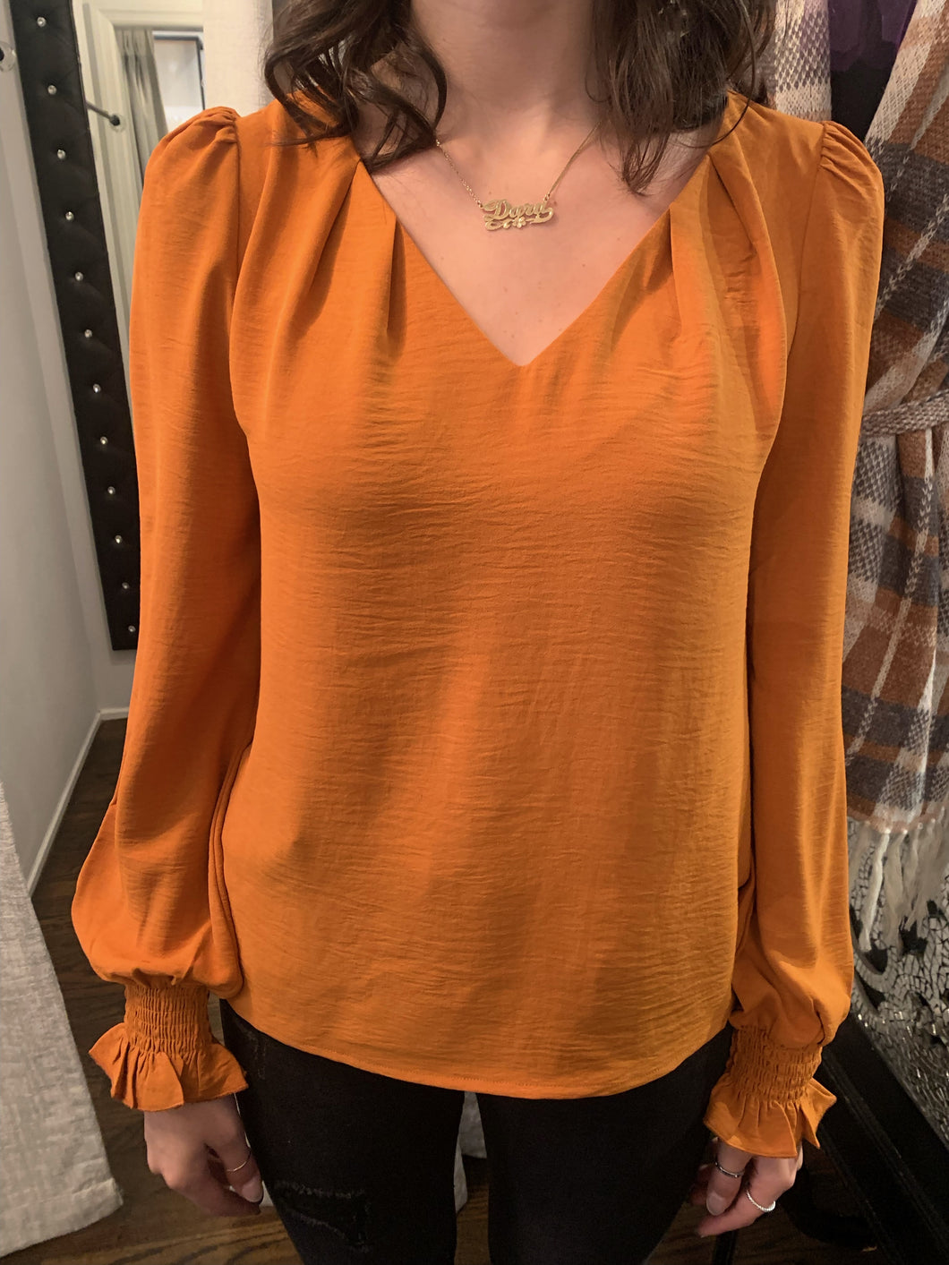 Rust V neck Blouse with Ruched Sleeve