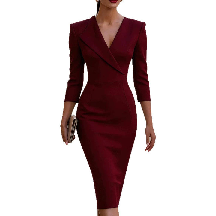TD Wholesale Apparel - Women's V-Neck Three-Quarter-Sleeve Belted Bodycon Maxi Dress