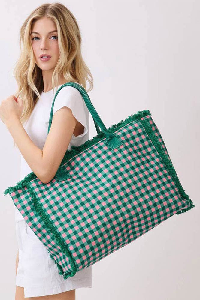Gingham Check Terry Frayed Tote *Multiple Colors*