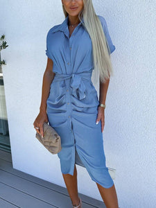 Ruched Shirt Dress in Denim Blue