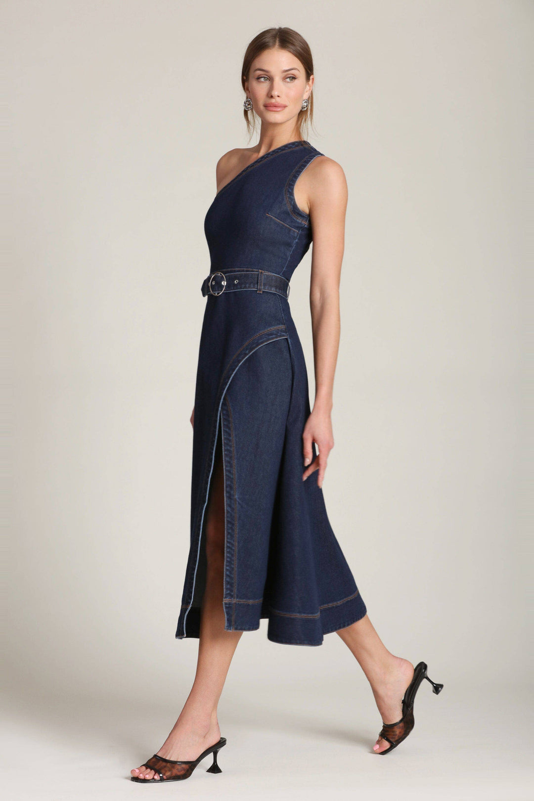 One Shoulder Belted Denim Midi Dress