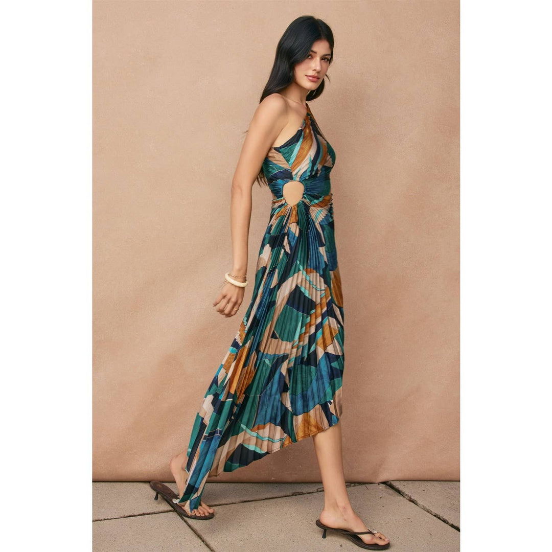 Palm Mirage Asymmetrical Pleated Maxi Dress