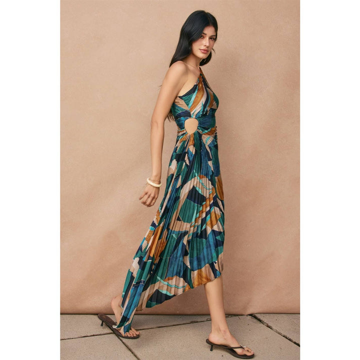 Palm Mirage Asymmetrical Pleated Maxi Dress