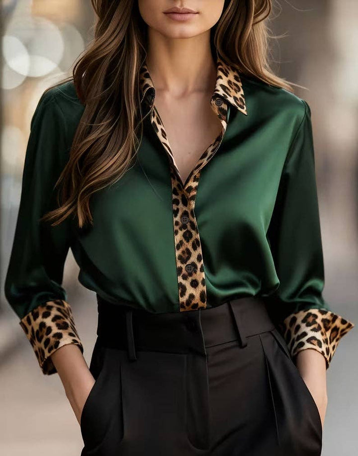 TD Wholesale Apparel - Women's Satin Leopard-Print Long-Sleeve Tailored Blouse