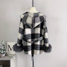 Load image into Gallery viewer, Plaid Cashmere Coat with Faux Fur and Removable Hood