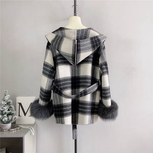 Plaid Cashmere Coat with Faux Fur and Removable Hood