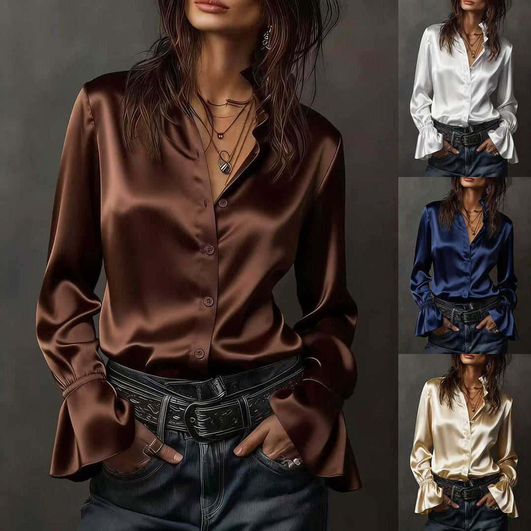 TD Wholesale Apparel - Women's Champagne Satin Long-Sleeve Blouse