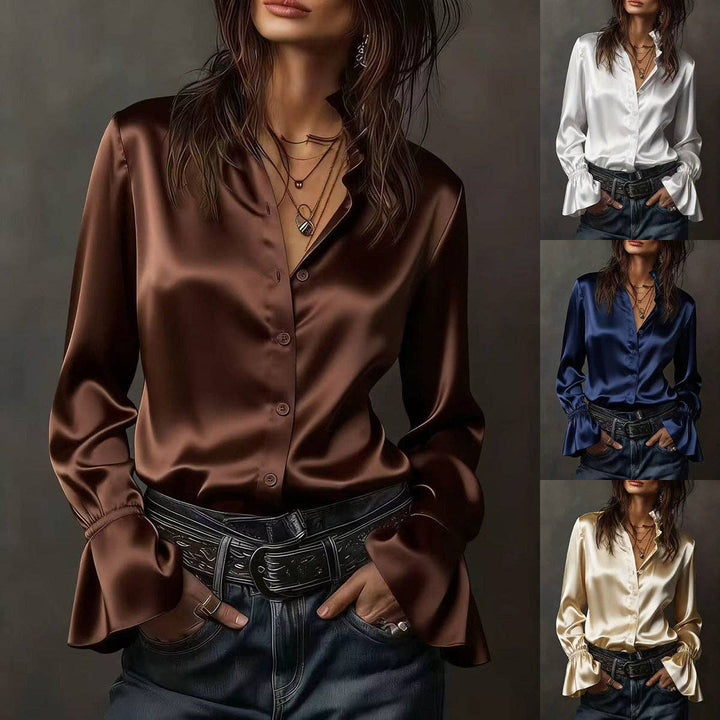 TD Wholesale Apparel - Women's Champagne Satin Long-Sleeve Blouse