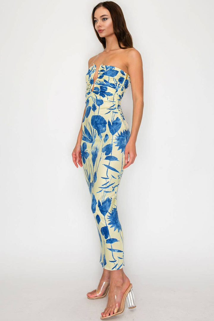 Deep V Ruched Floral Dress