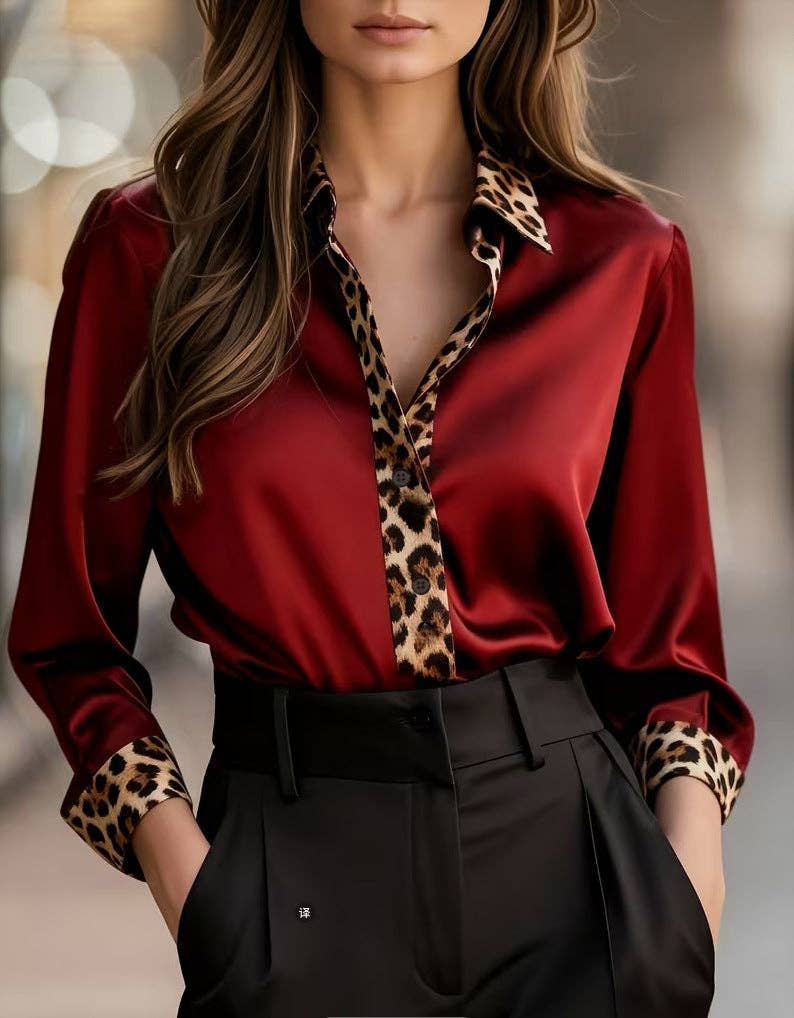 TD Wholesale Apparel - Women's Satin Leopard-Print Long-Sleeve Tailored Blouse