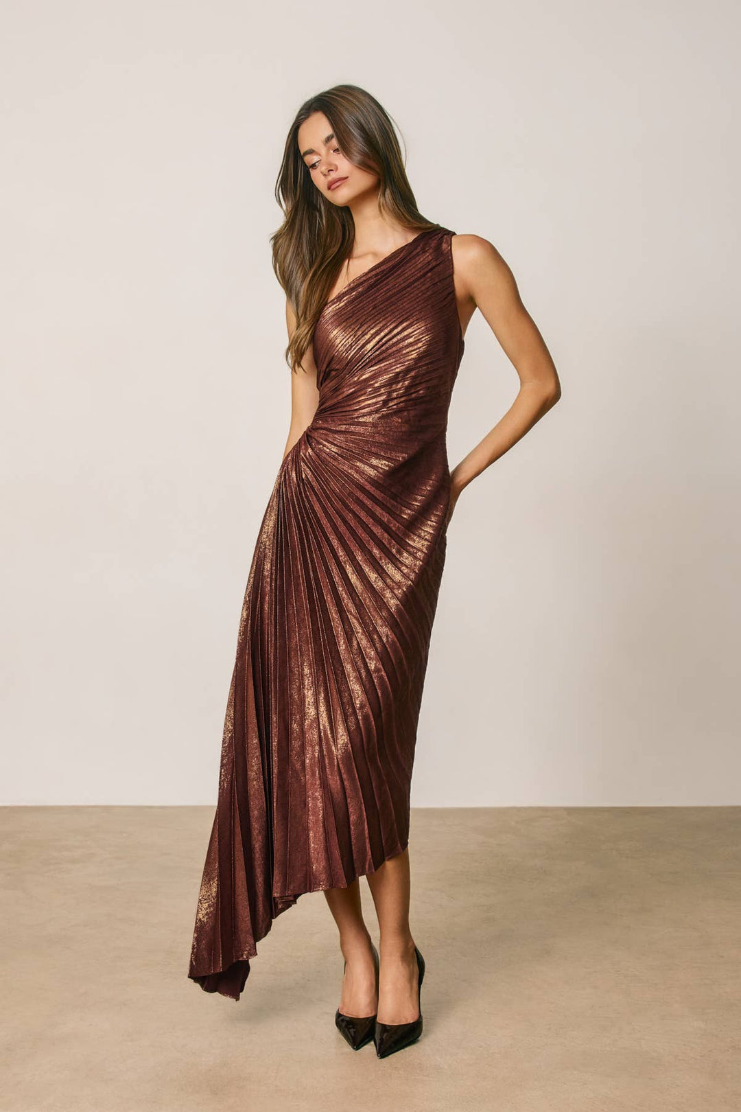 Metallic One Shoulder Asymmetrical Pleated Dress
