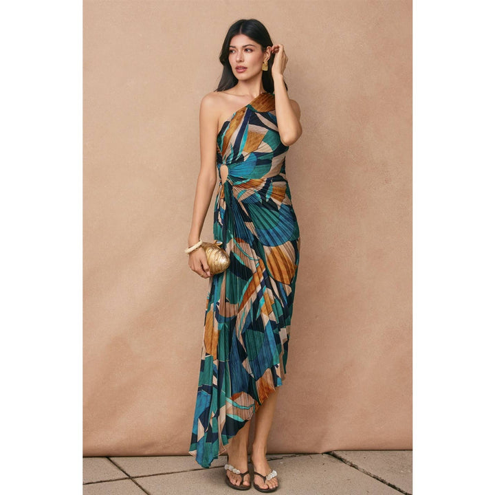 Palm Mirage Asymmetrical Pleated Maxi Dress