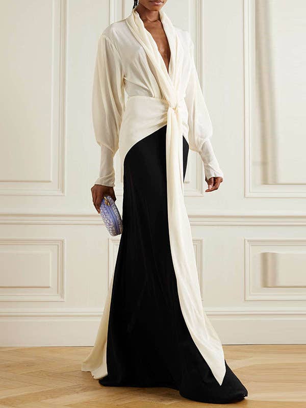 OceanusSwim - Long Sleeves Loose Contrast Color V-Neck Evening Dresses Maxi Dresses