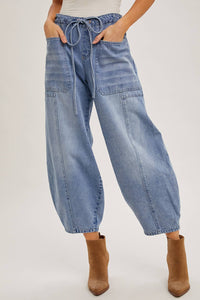 Denim Mid-Waist Drawstring Barrel Jeans