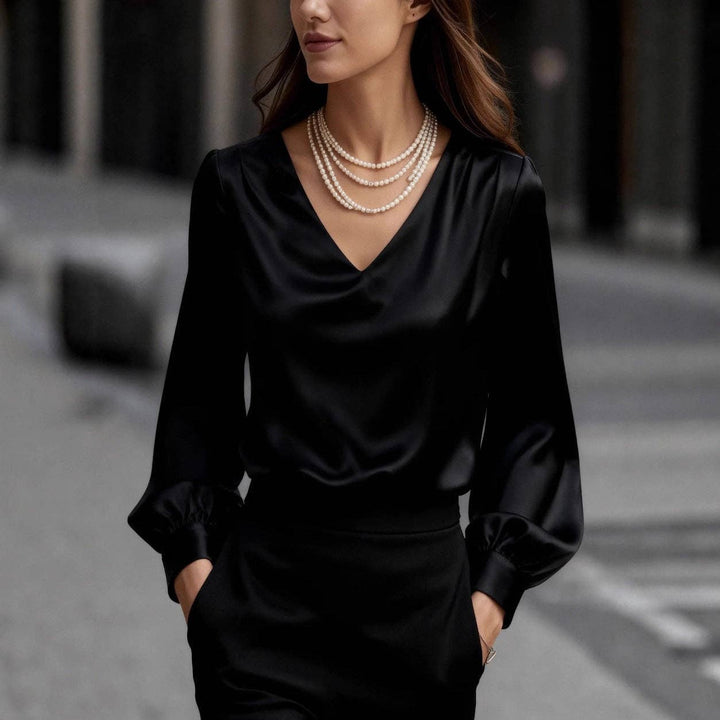 TD Wholesale Apparel - Women's Satin V-Neck Long-Sleeve Puff-Sleeve Blouse