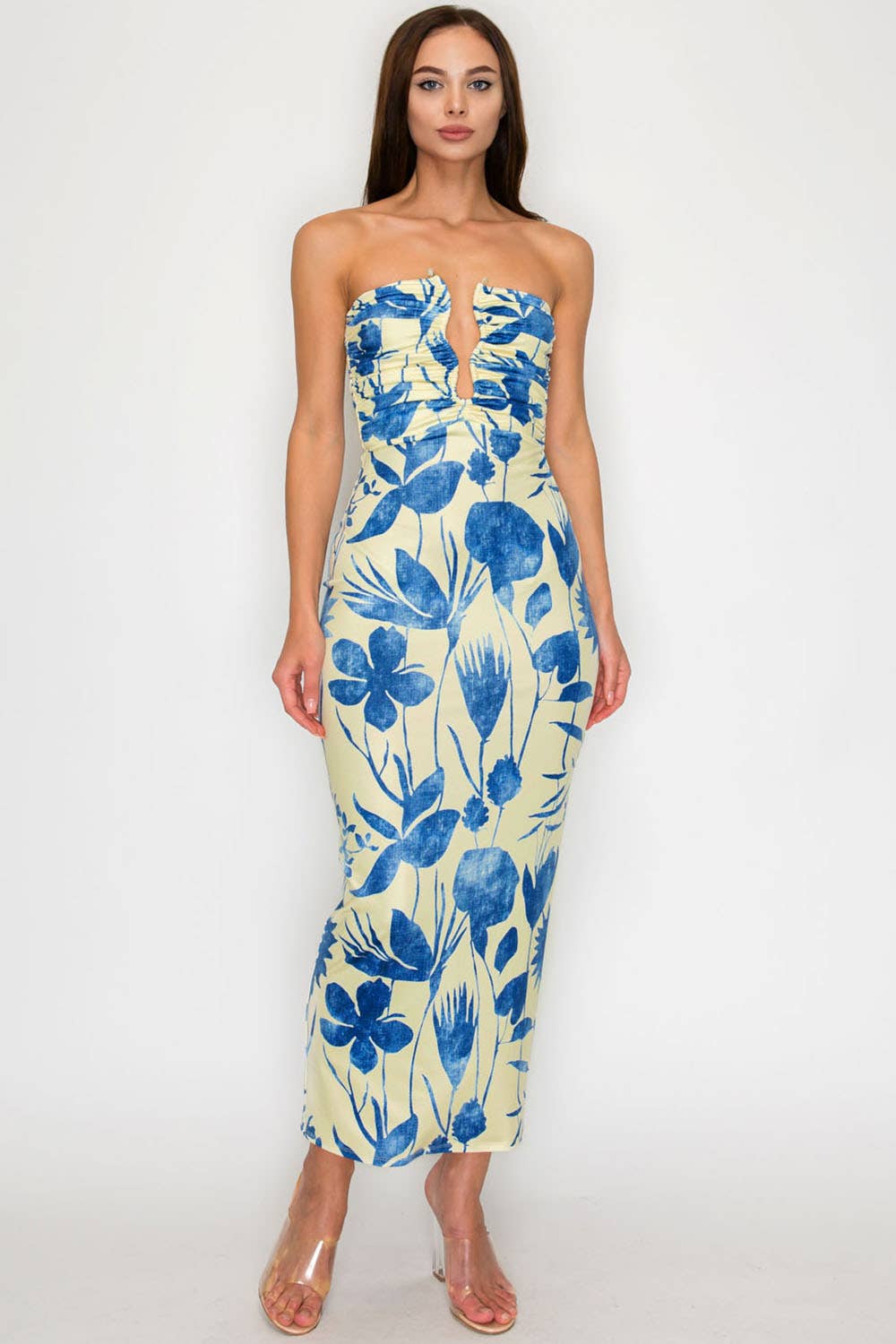Deep V Ruched Floral Dress