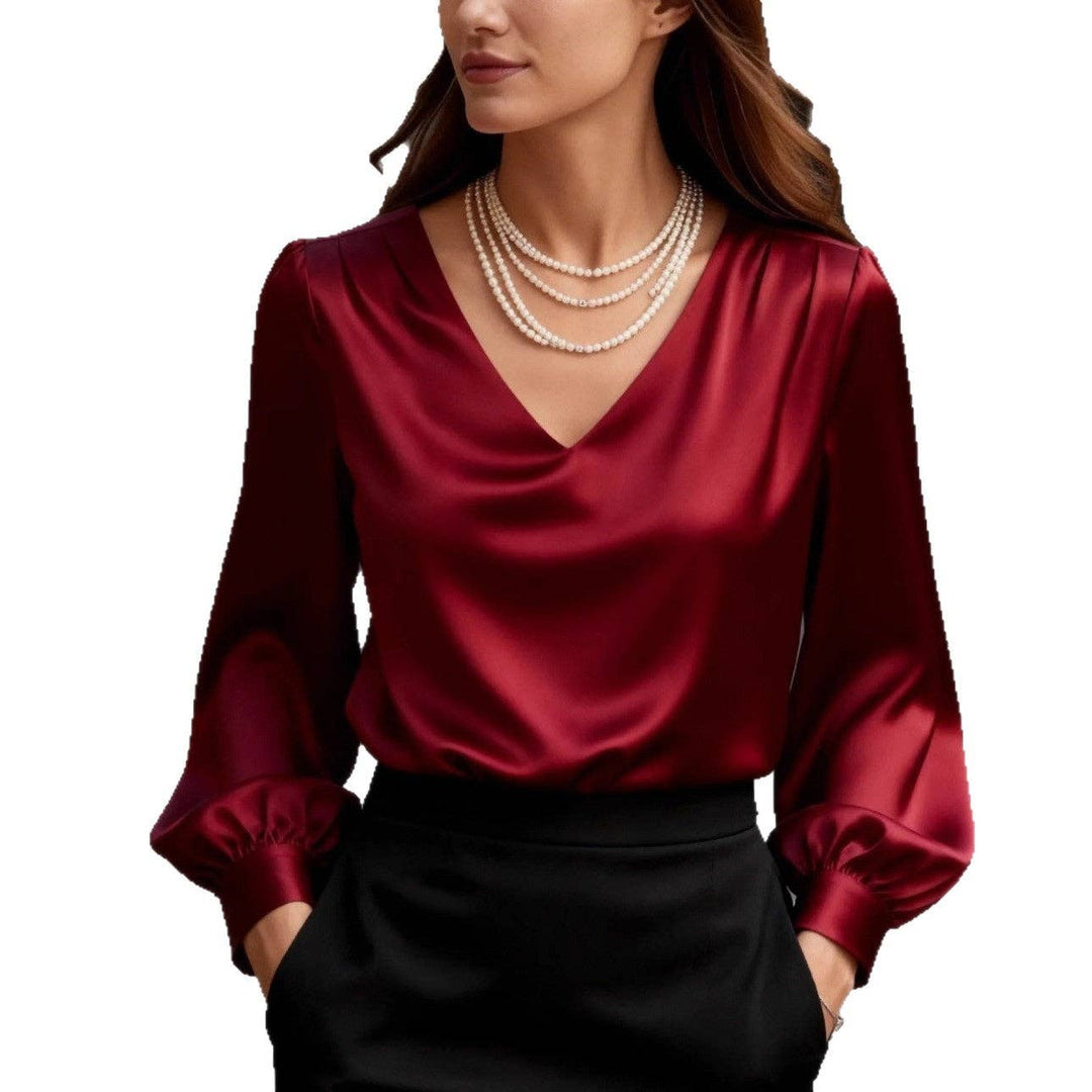 TD Wholesale Apparel - Women's Satin V-Neck Long-Sleeve Puff-Sleeve Blouse