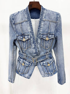 Belted Washed Denim Blazer
