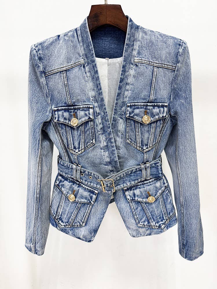 Belted Washed Denim Blazer