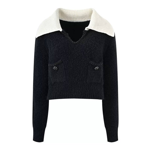 V-Neck Knit Top with Contrast Collar
