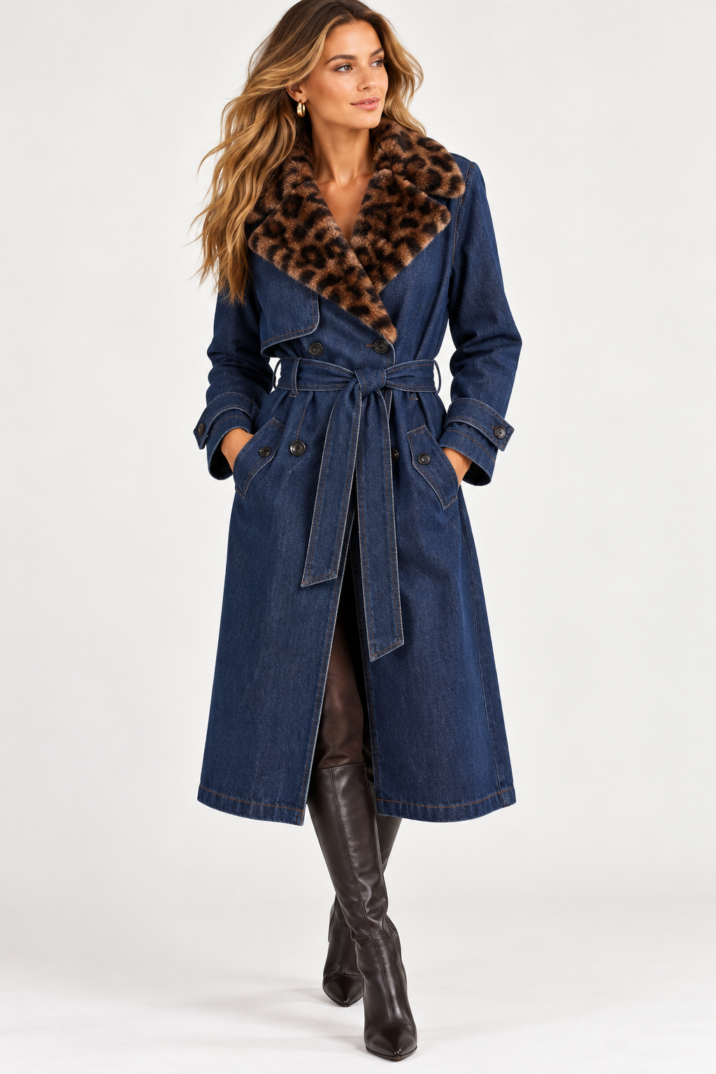 Denim Trench w/ Faux Fur Collar